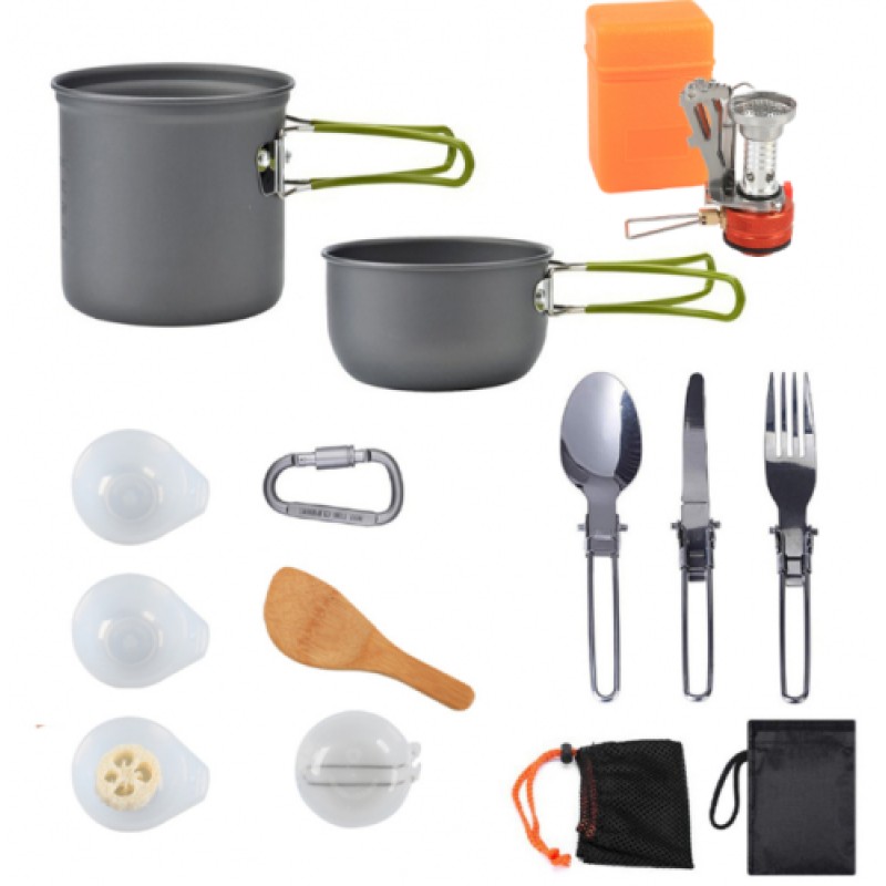 Набір посуду для кемпінгу DS-101 з газовою пічкою 12 предметів OEM Сірий (DS-101)