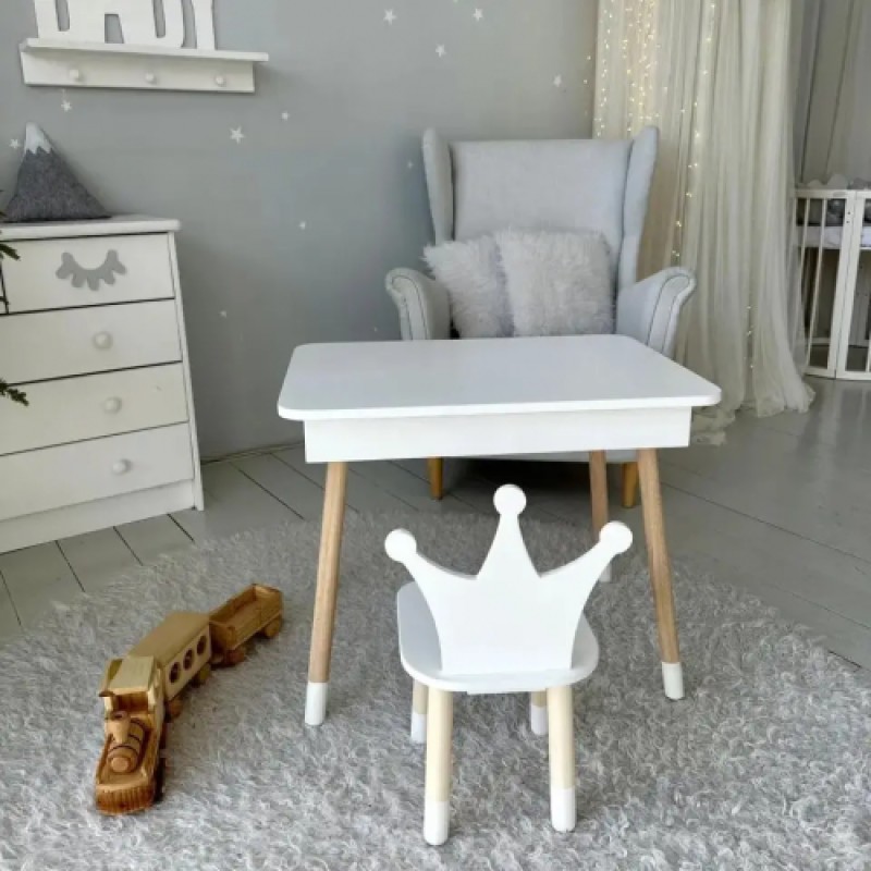 Столик з ящиком для олівців і стільчик No Brand Корона 54х60х45 см Білий (2330428614)