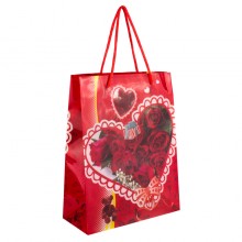 Сумочка подарункова пластикова з ручками Gift bag Серця та троянди 23х18х7.5 см Червоний (27322)