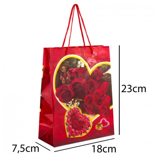 Сумочка подарункова пластикова з ручками Gift bag Серця та троянди 23х18х7.5 см Червоний (27350) в інтернет супермаркеті PbayMarket!